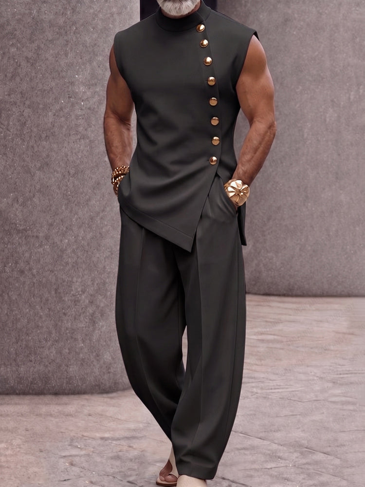 Men's Sleeveless Two-Piece Set with Stand Collar and Asymmetric Button Top