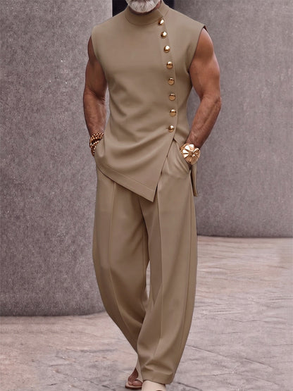 Men's Sleeveless Two-Piece Set with Stand Collar and Asymmetric Button Top