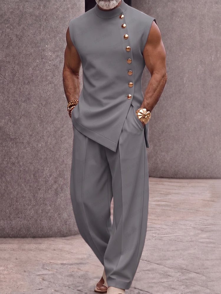 Men's Sleeveless Two-Piece Set with Stand Collar and Asymmetric Button Top