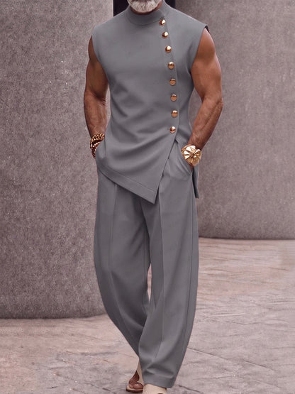 Men's Sleeveless Two-Piece Set with Stand Collar and Asymmetric Button Top