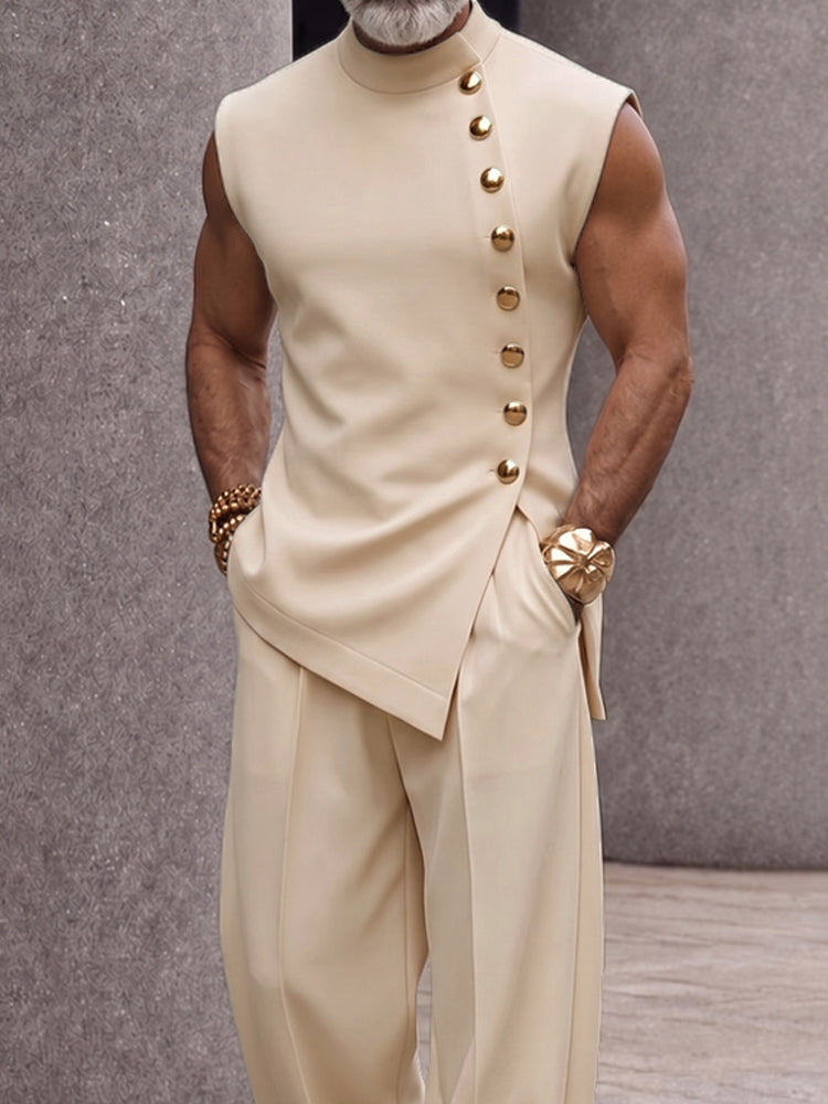 Men's Sleeveless Two-Piece Set with Stand Collar and Asymmetric Button Top