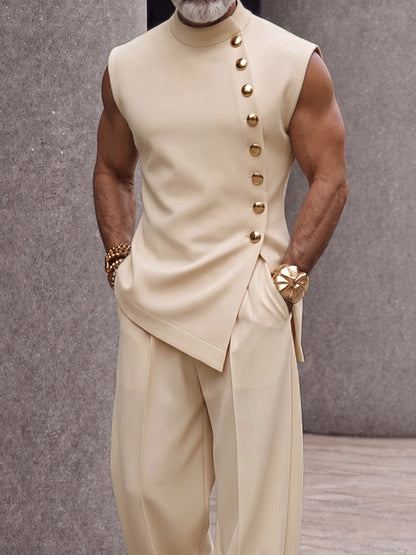 Men's Sleeveless Two-Piece Set with Stand Collar and Asymmetric Button Top