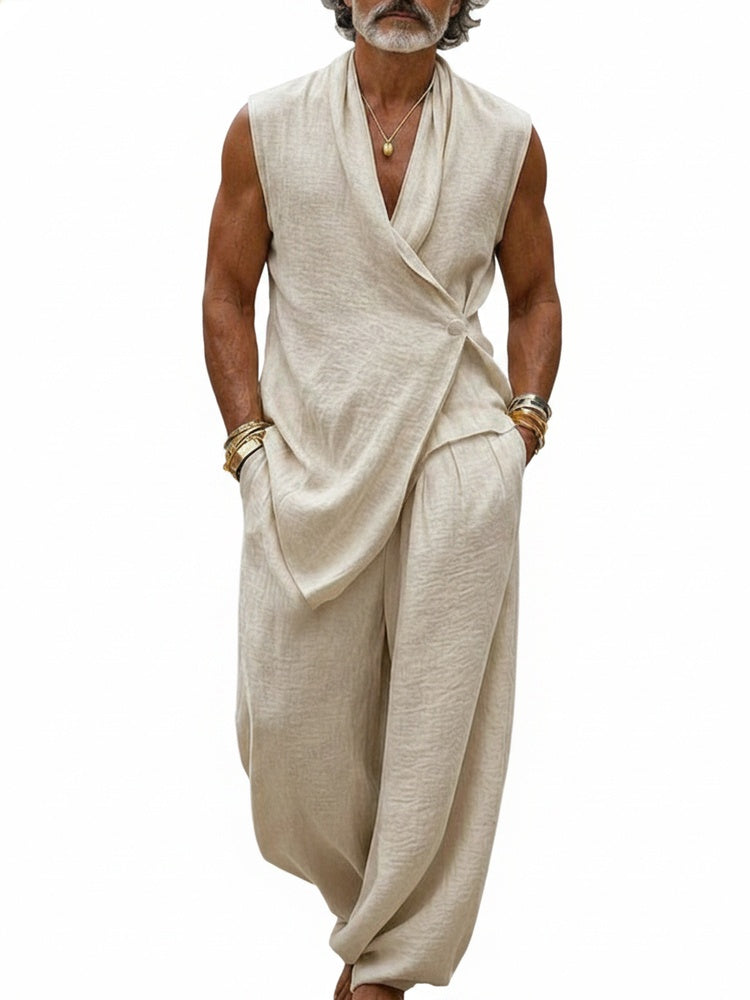 Men's Sleeveless V-Neck Clothing Set with Wrap Top and Harem Pants