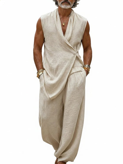 Men's Sleeveless V-Neck Clothing Set with Wrap Top and Harem Pants
