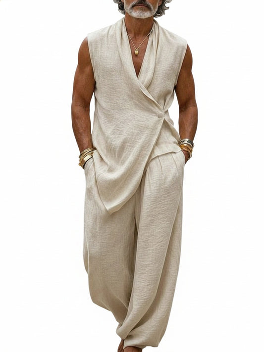 Men's Sleeveless V-Neck Clothing Set with Wrap Top and Harem Pants