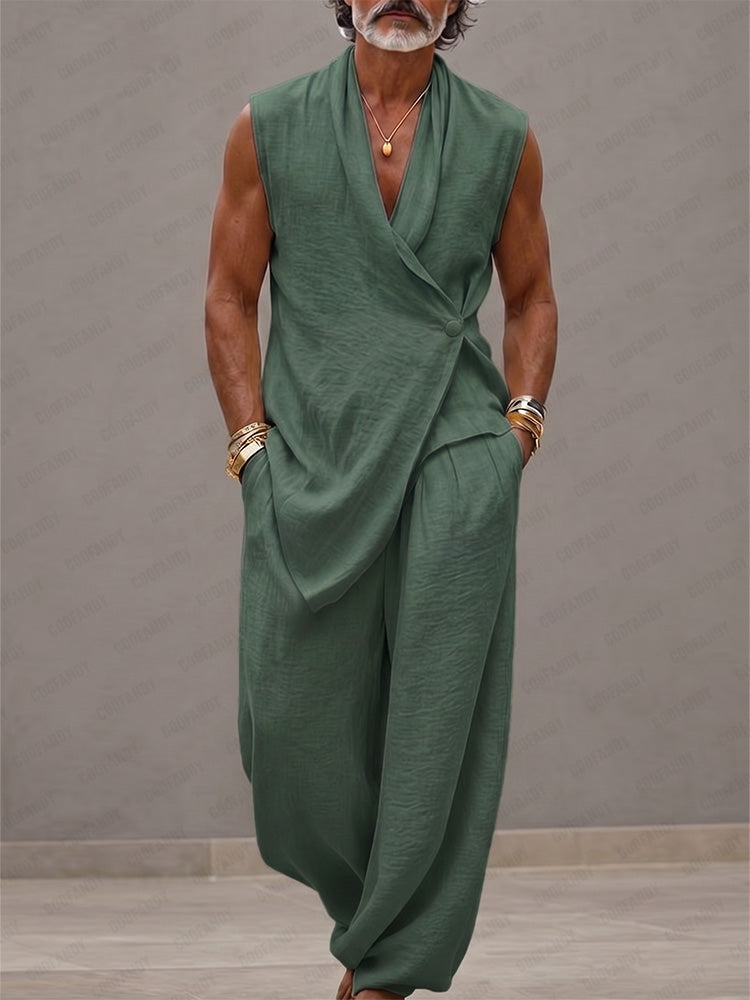 Men's Sleeveless V-Neck Clothing Set with Wrap Top and Harem Pants