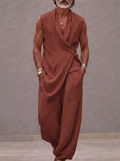 Men's Sleeveless V-Neck Clothing Set with Wrap Top and Harem Pants