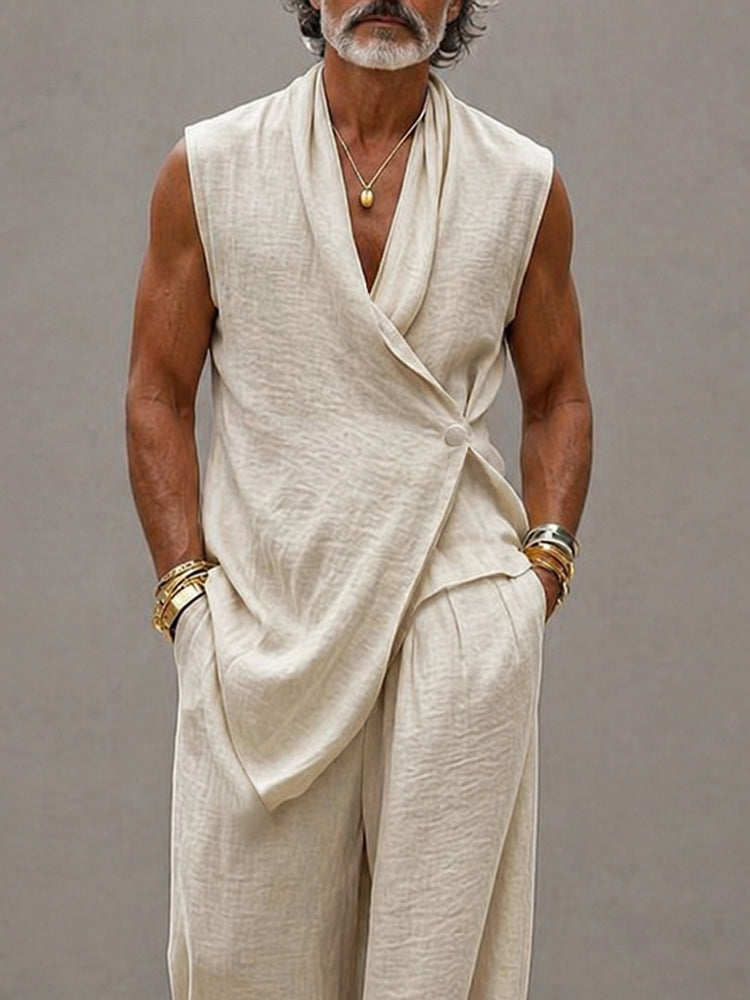 Men's Sleeveless V-Neck Clothing Set with Wrap Top and Harem Pants