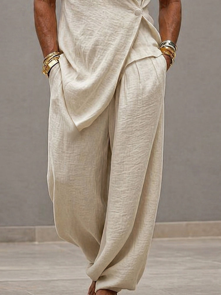 Men's Sleeveless V-Neck Clothing Set with Wrap Top and Harem Pants