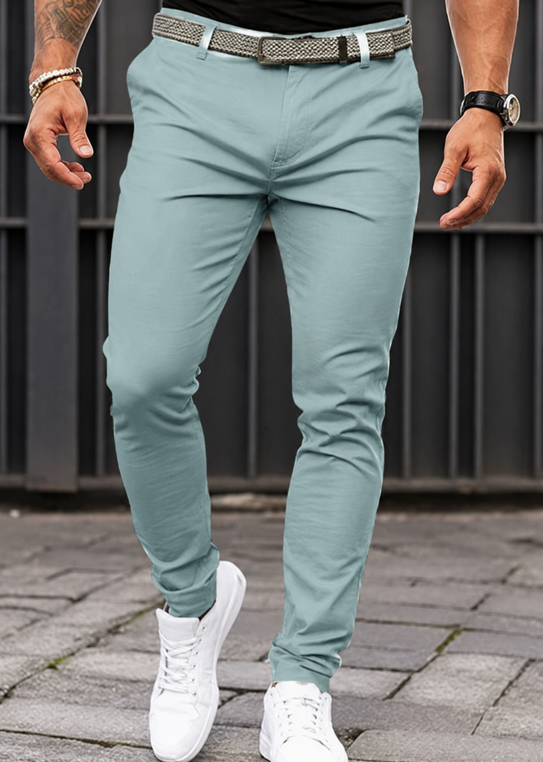 Men's Slim Fit Chino Trousers with Belt Loop Waistband