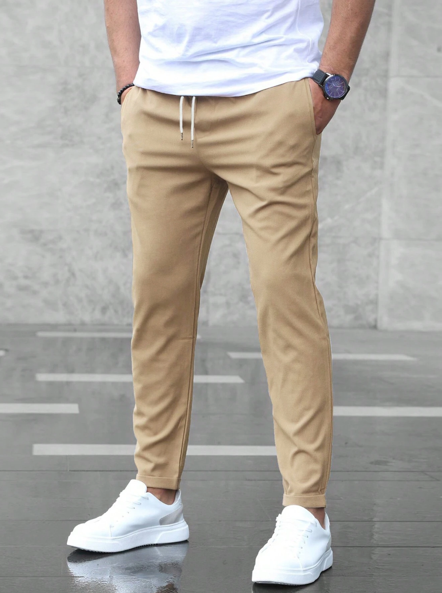Men's Slim Fit Chino Trousers with Drawstring Waist and Tapered Leg