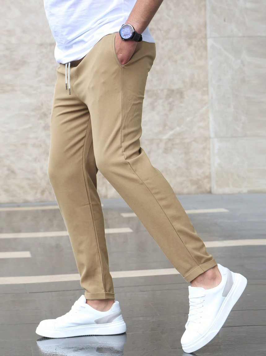 Men's Slim Fit Chino Trousers with Drawstring Waist and Tapered Leg