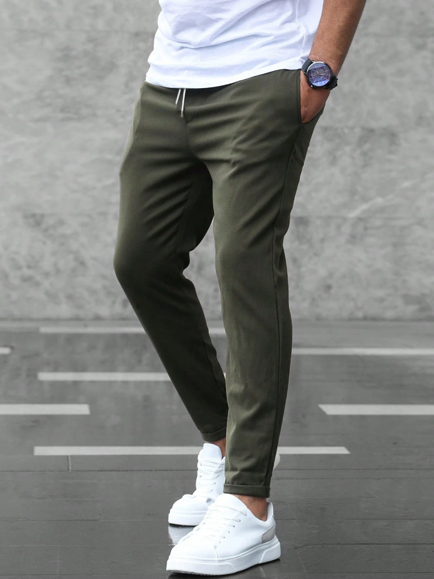 Men's Slim Fit Chino Trousers with Drawstring Waist and Tapered Leg