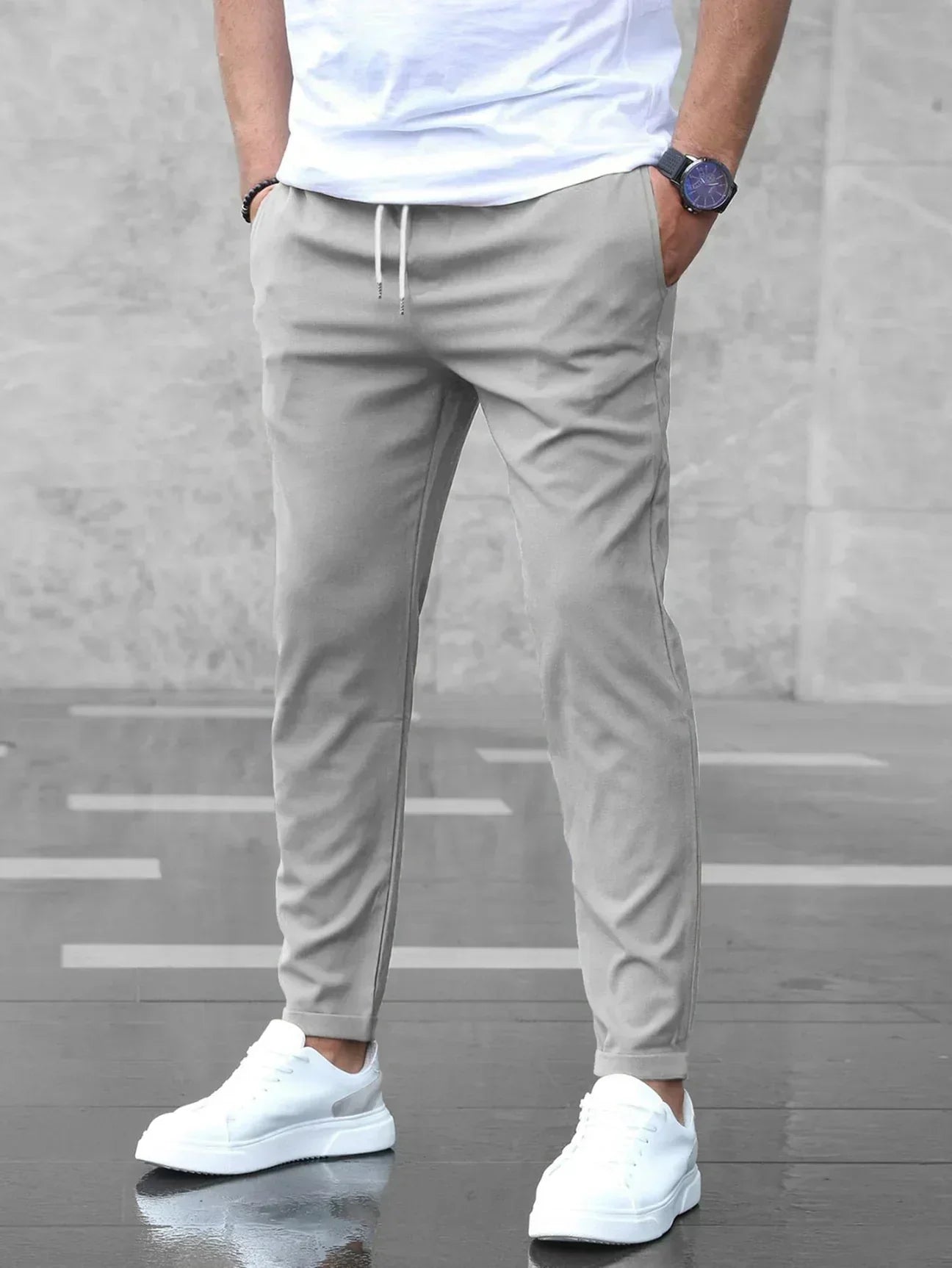 Men's Slim Fit Chino Trousers with Drawstring Waist and Tapered Leg