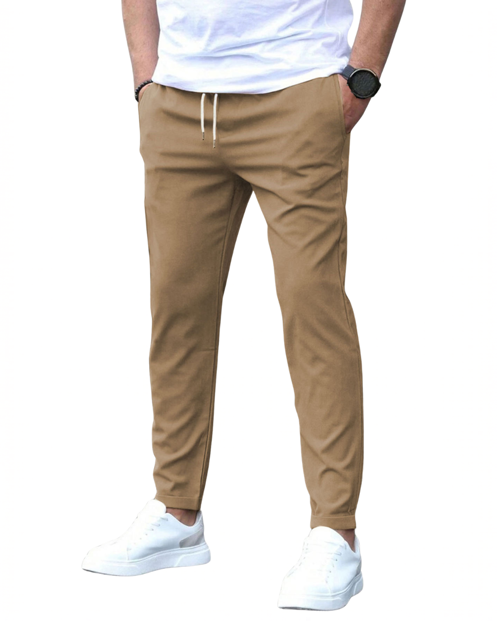 Men's Slim Fit Chino Trousers with Elasticated Drawstring Waist