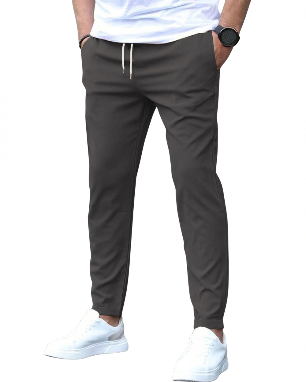 Men's Slim Fit Chino Trousers with Elasticated Drawstring Waist