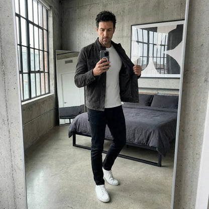 Men's Slim Fit Jacket with Stand Collar and Chest Pockets