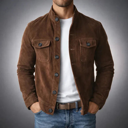 Men's Slim Fit Jacket with Stand Collar and Chest Pockets