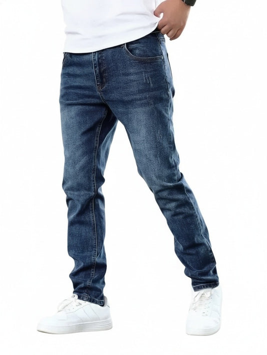 Men's Slim Fit Jeans with Faded Wash and Classic Pockets
