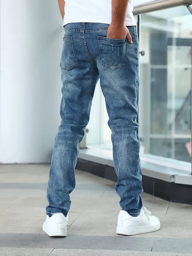 Men's Slim Fit Jeans with Faded Wash and Classic Pockets