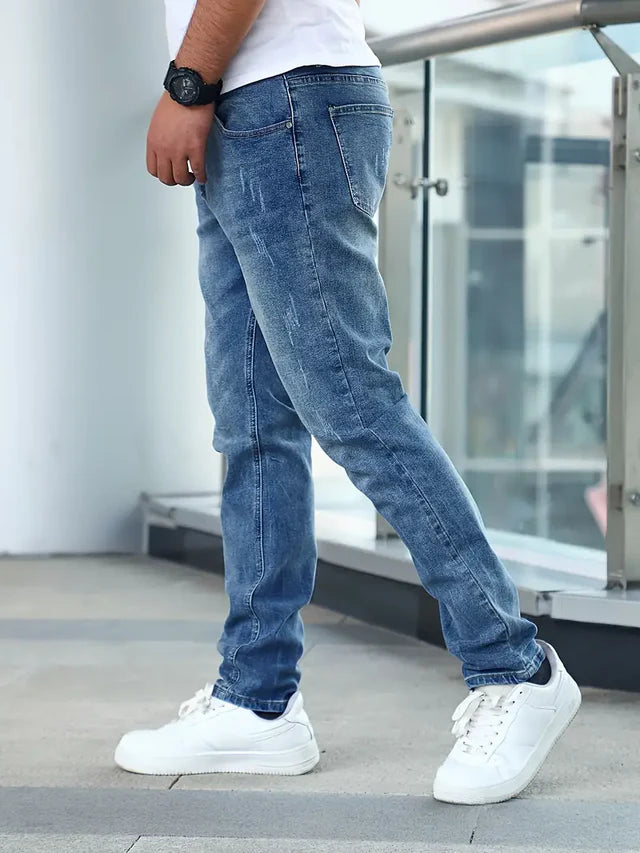 Men's Slim Fit Jeans with Faded Wash and Classic Pockets