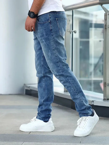 Men's Slim Fit Jeans with Faded Wash and Classic Pockets