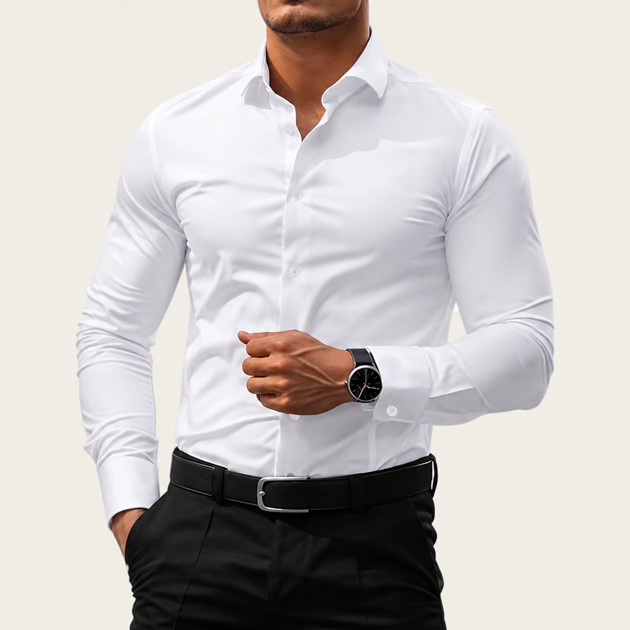 Men's Slim Fit Long Sleeve Button-Down Dress Shirt with Spread Collar