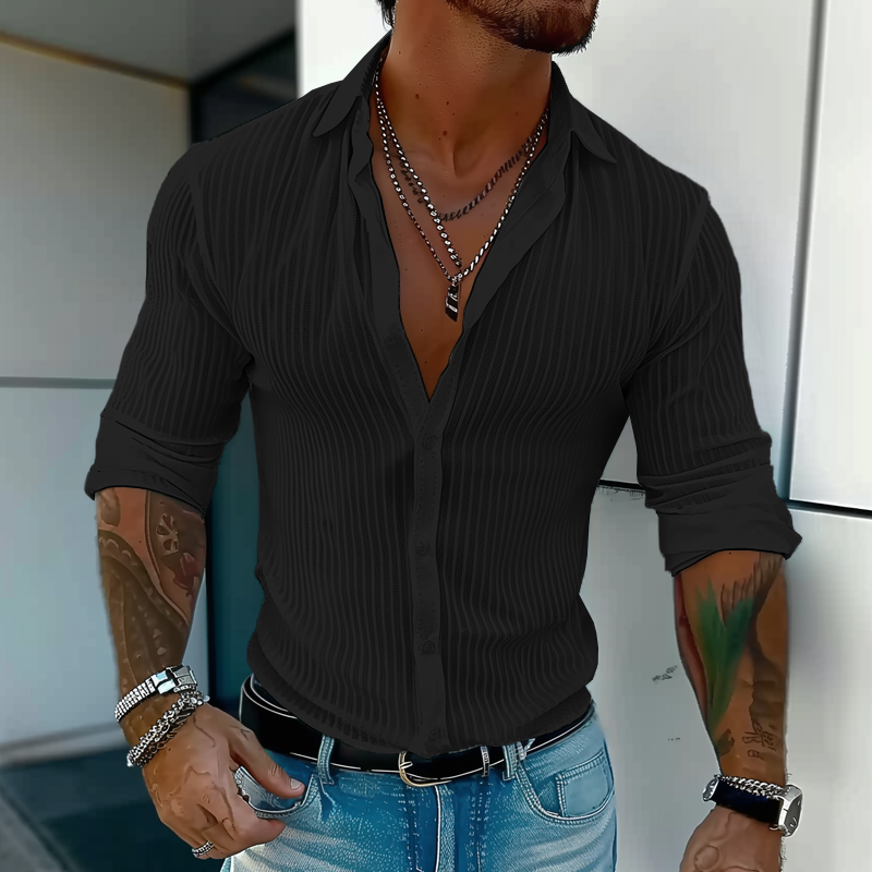 Men's Slim Fit Long Sleeve Shirt with Button Placket and Stripe Texture