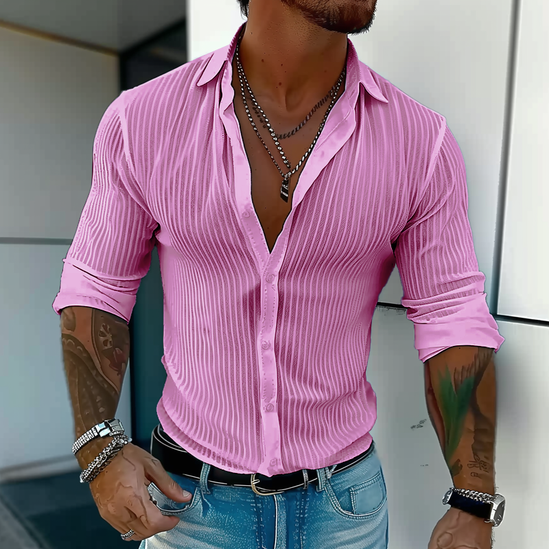 Men's Slim Fit Long Sleeve Shirt with Button Placket and Stripe Texture