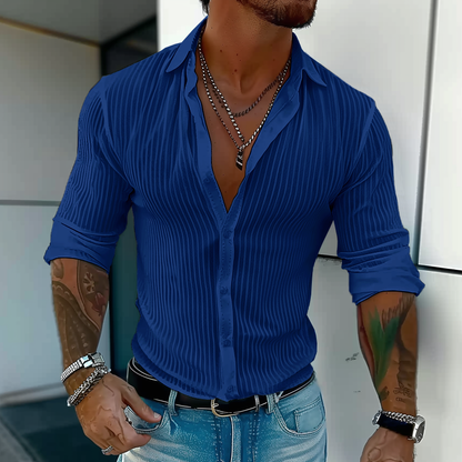 Men's Slim Fit Long Sleeve Shirt with Button Placket and Stripe Texture