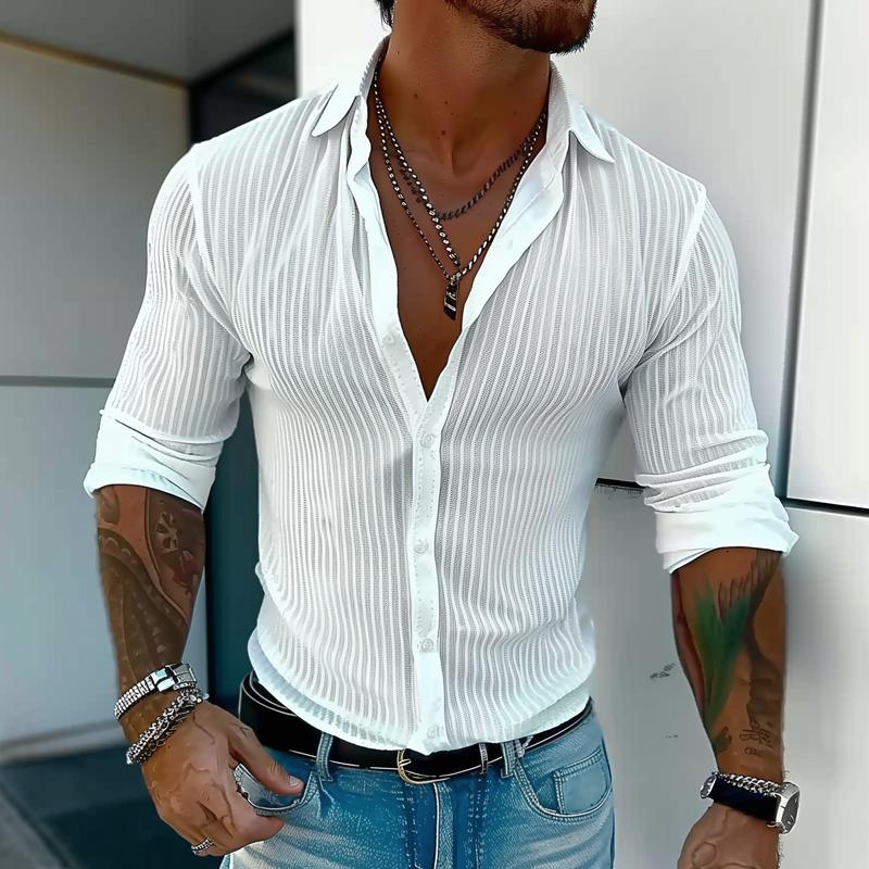 Men's Slim Fit Long Sleeve Shirt with Button Placket and Stripe Texture