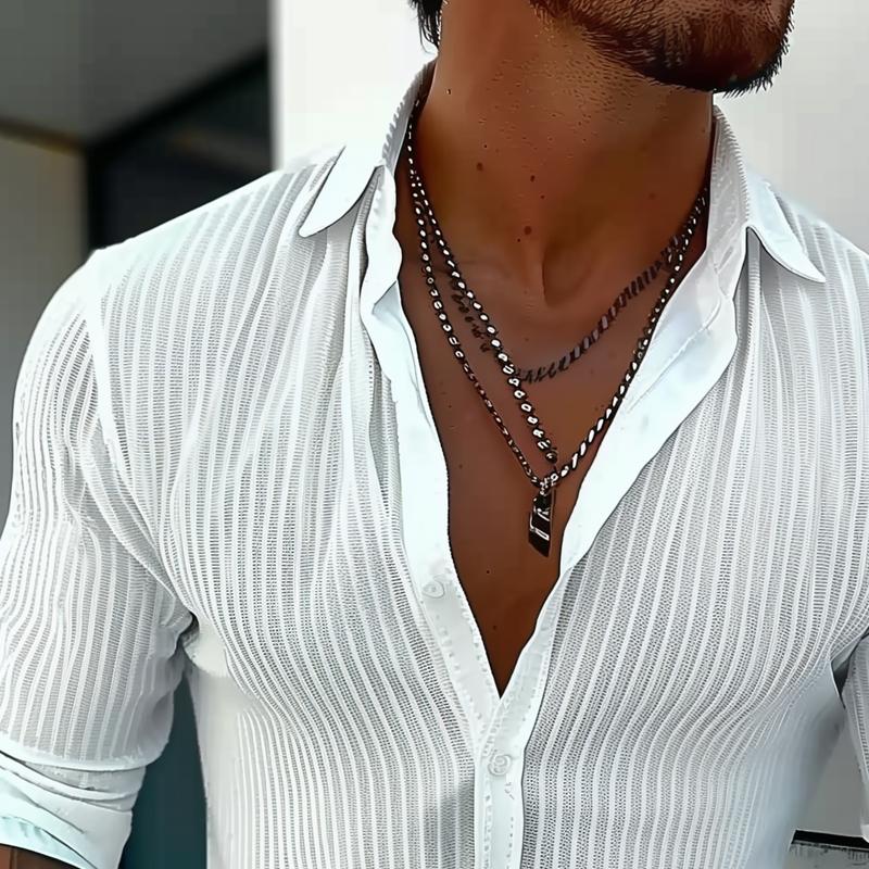 Men's Slim Fit Long Sleeve Shirt with Button Placket and Stripe Texture