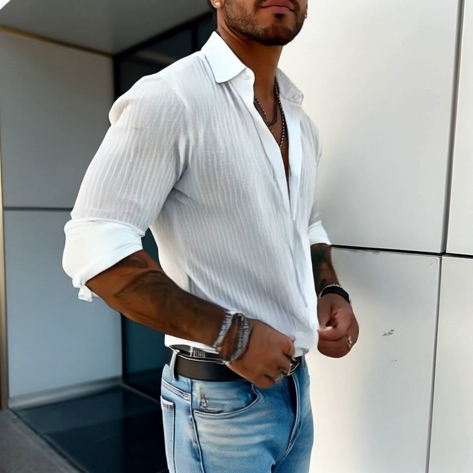 Men's Slim Fit Long Sleeve Shirt with Button Placket and Stripe Texture