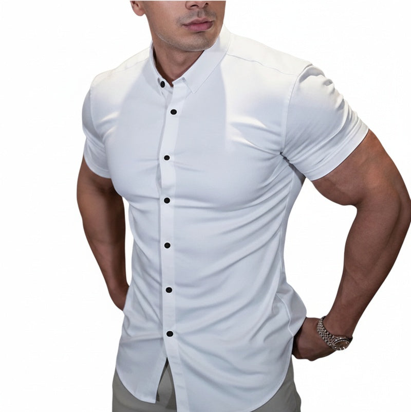 Men's Slim Fit Short Sleeve Button-Up Shirt with Spread Collar