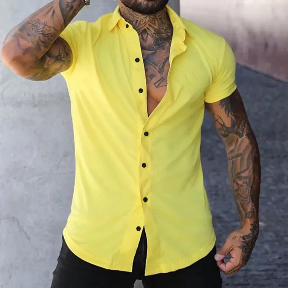 Men's Slim Fit Short Sleeve Button-Up Shirt with Spread Collar
