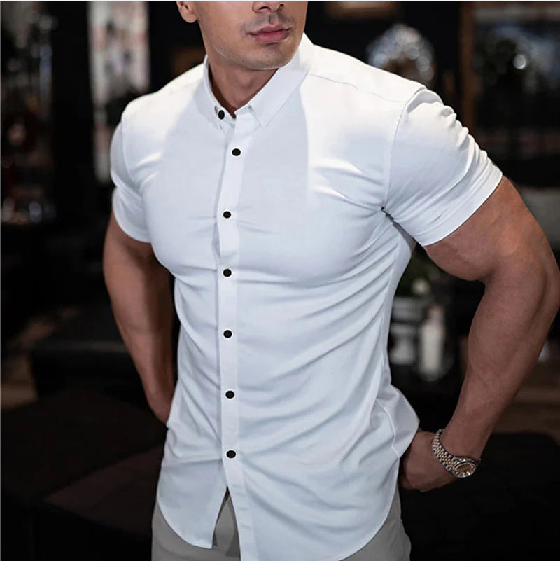 Men's Slim Fit Short Sleeve Button-Up Shirt with Spread Collar