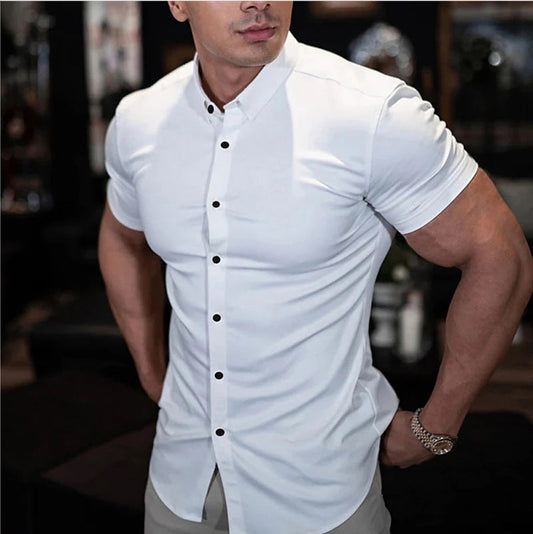 Men's Slim Fit Short Sleeve Button-Up Shirt with Spread Collar