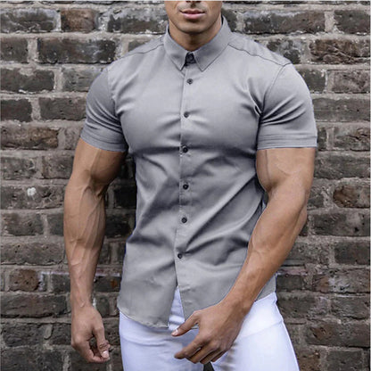 Men's Slim Fit Short Sleeve Button-Up Shirt with Spread Collar