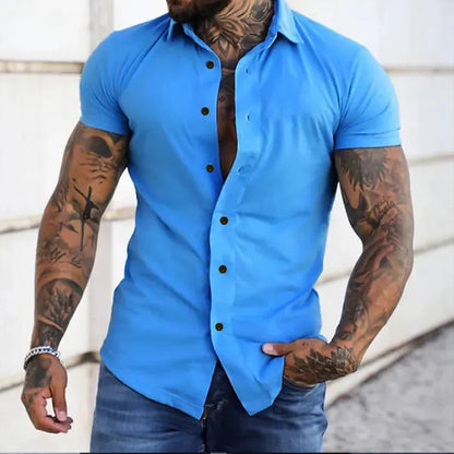Men's Slim Fit Short Sleeve Button-Up Shirt with Spread Collar