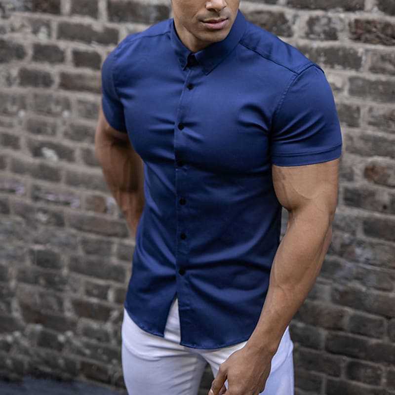 Men's Slim Fit Short Sleeve Button-Up Shirt with Spread Collar