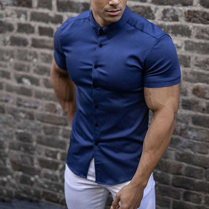 Men's Slim Fit Short Sleeve Button-Up Shirt with Spread Collar