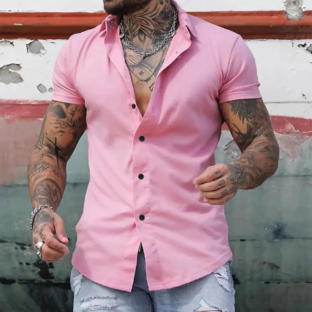 Men's Slim Fit Short Sleeve Button-Up Shirt with Spread Collar