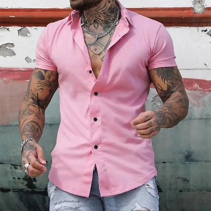 Men's Slim Fit Short Sleeve Button-Up Shirt with Spread Collar