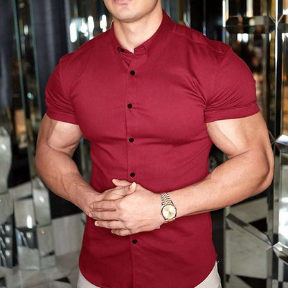 Men's Slim Fit Short Sleeve Button-Up Shirt with Spread Collar