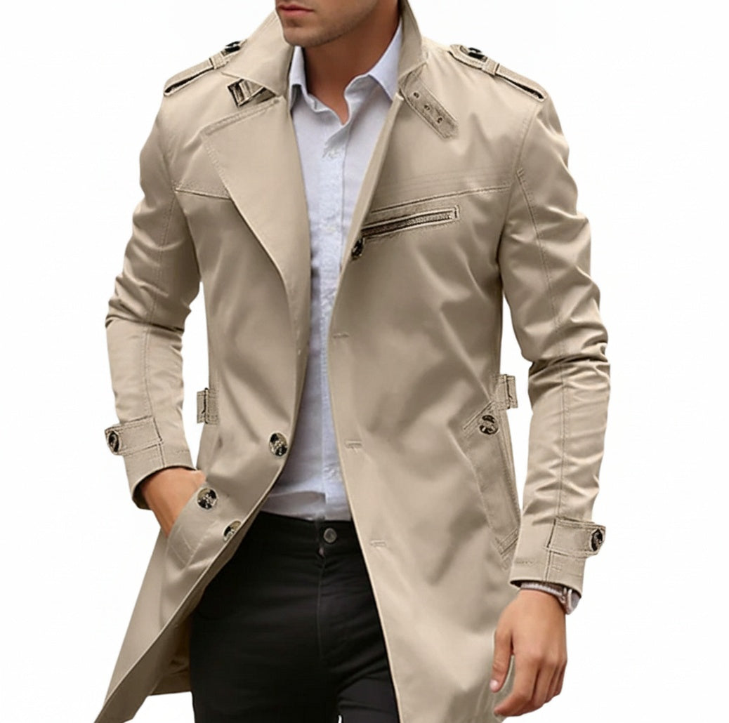 Men's Slim Fit Trench Coat with Notch Lapel and Epaulettes