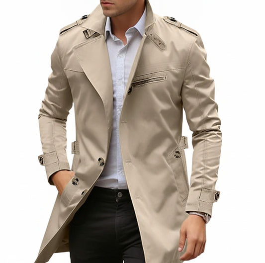 Men's Slim Fit Trench Coat with Notch Lapel and Epaulettes