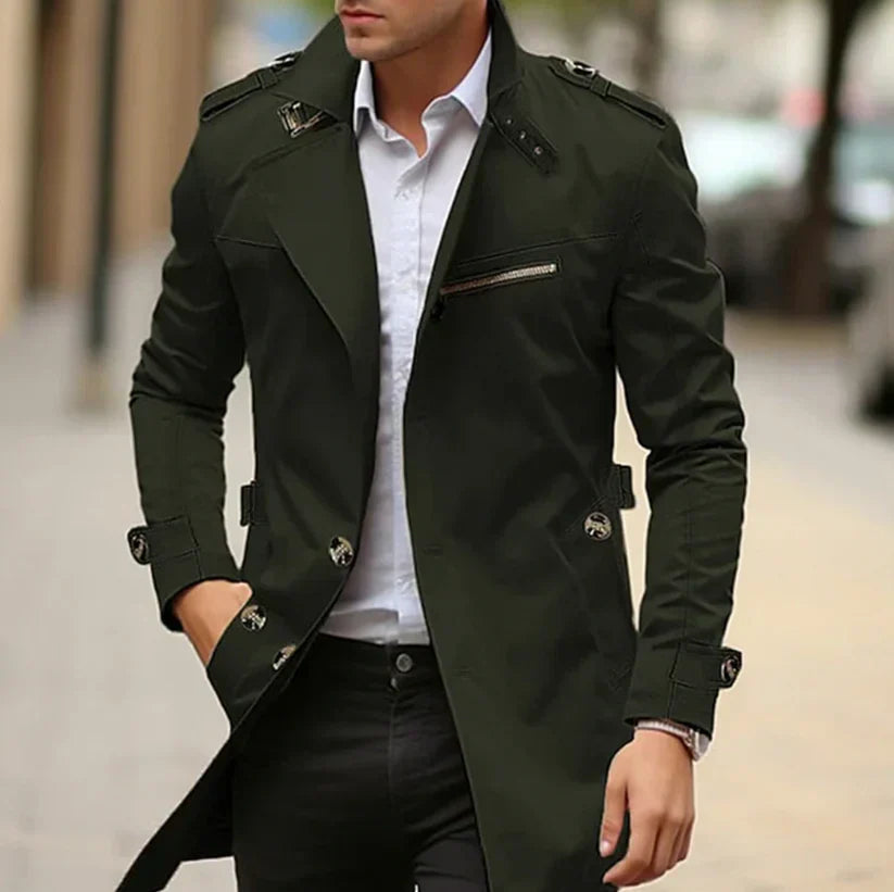 Men's Slim Fit Trench Coat with Notch Lapel and Epaulettes