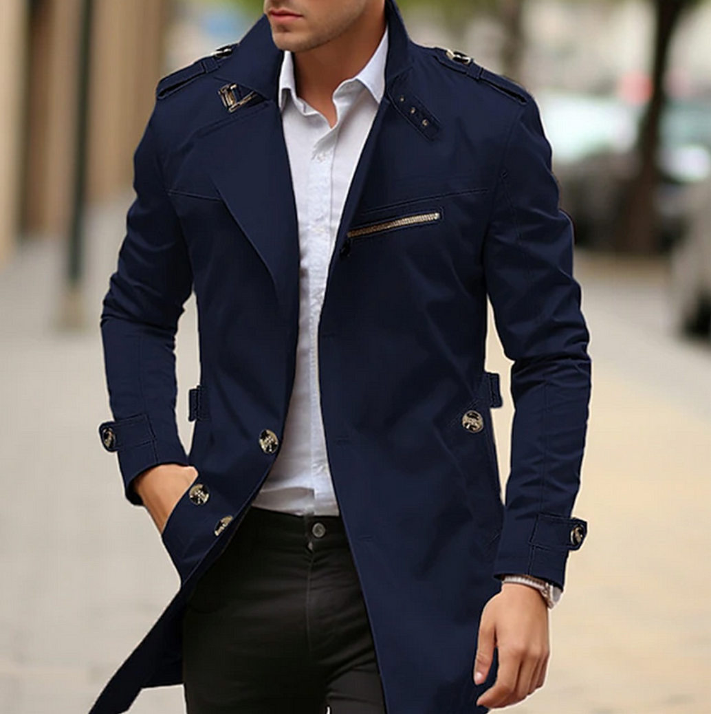 Men's Slim Fit Trench Coat with Notch Lapel and Epaulettes