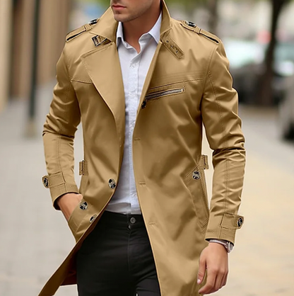 Men's Slim Fit Trench Coat with Notch Lapel and Epaulettes