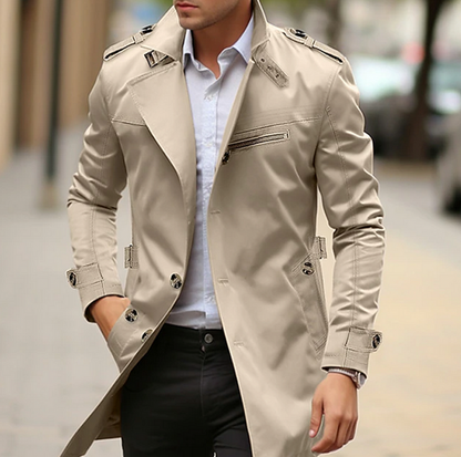 Men's Slim Fit Trench Coat with Notch Lapel and Epaulettes